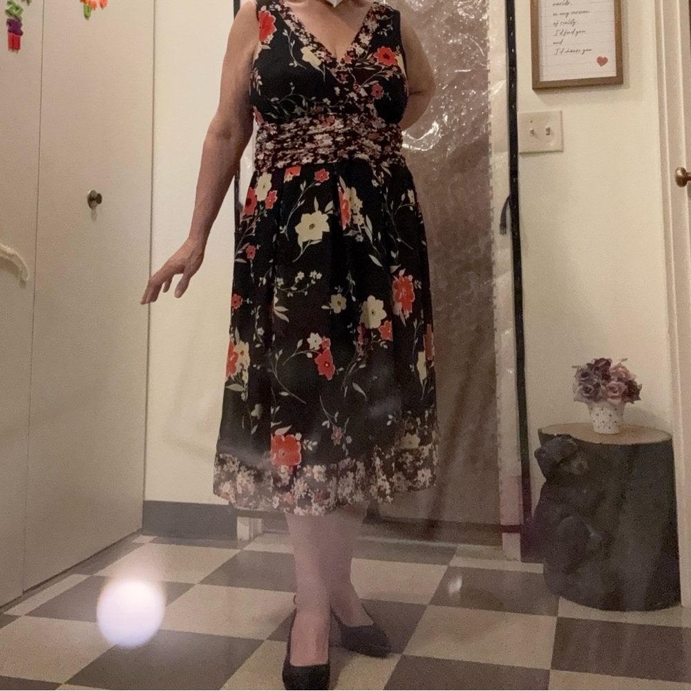 Studio I Black Dress with Red and White Floral Design